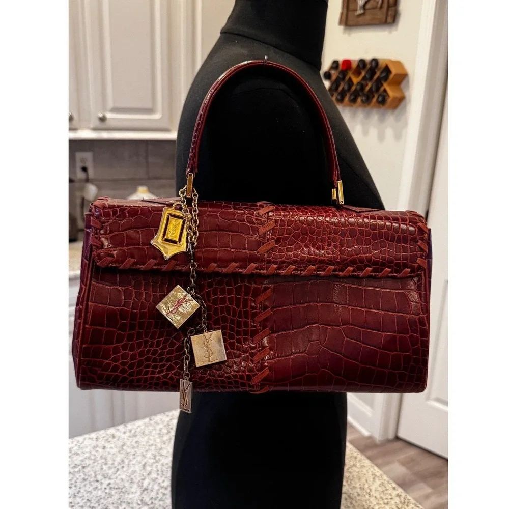 Yves Saint Laurent YSL Vintage ReddishBrowns Croc Leather‎ Tote  7x12.5x4